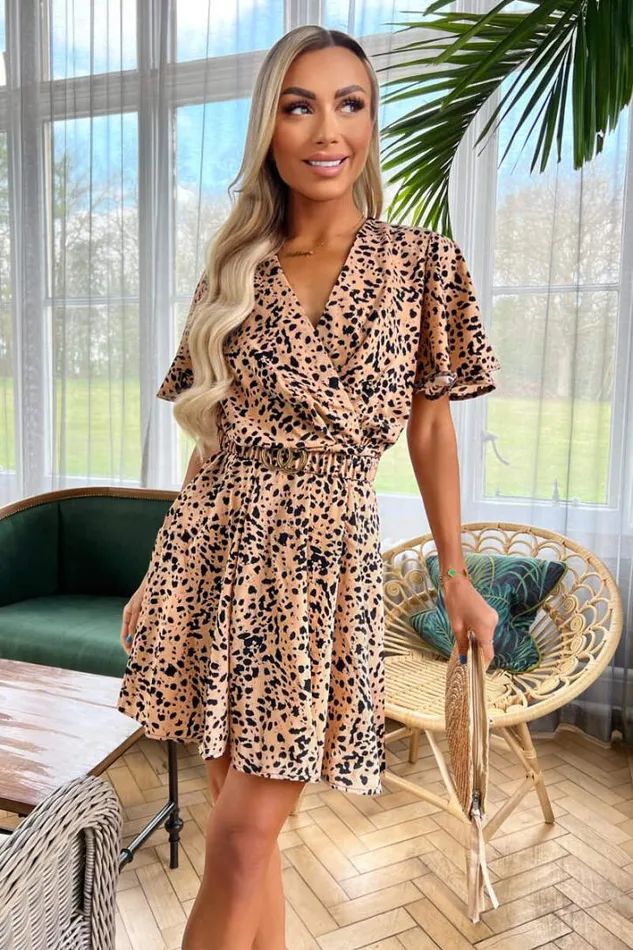AX Paris Peach Printed Elasticated Belt Skater Dress Dresses