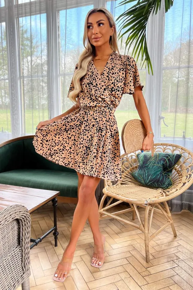 AX Paris Peach Printed Elasticated Belt Skater Dress Dresses