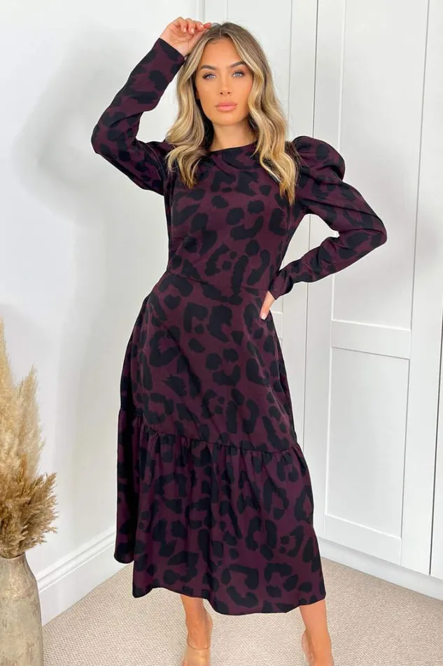 AX Paris Plum And Black Animal Print Long Sleeve Midi Smock Dress Dresses