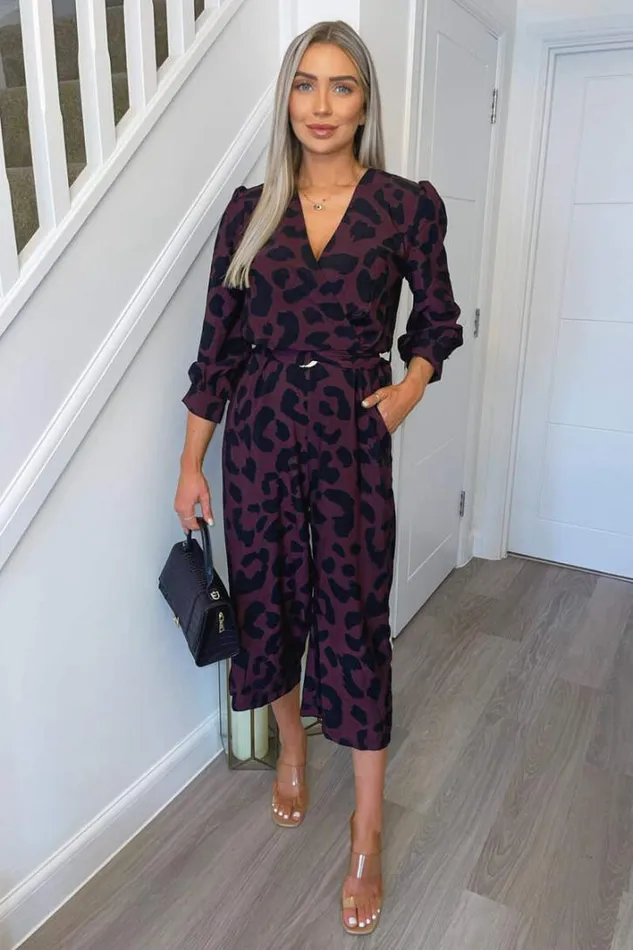 AX Paris Plum And Black Printed Belted Long Sleeve Jumpsuit Jumpsuits And Playsuits