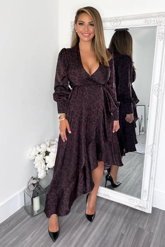 AX Paris Plum Animal Print Long Sleeve Wrap Over Frill Hem Midi Dress Dresses