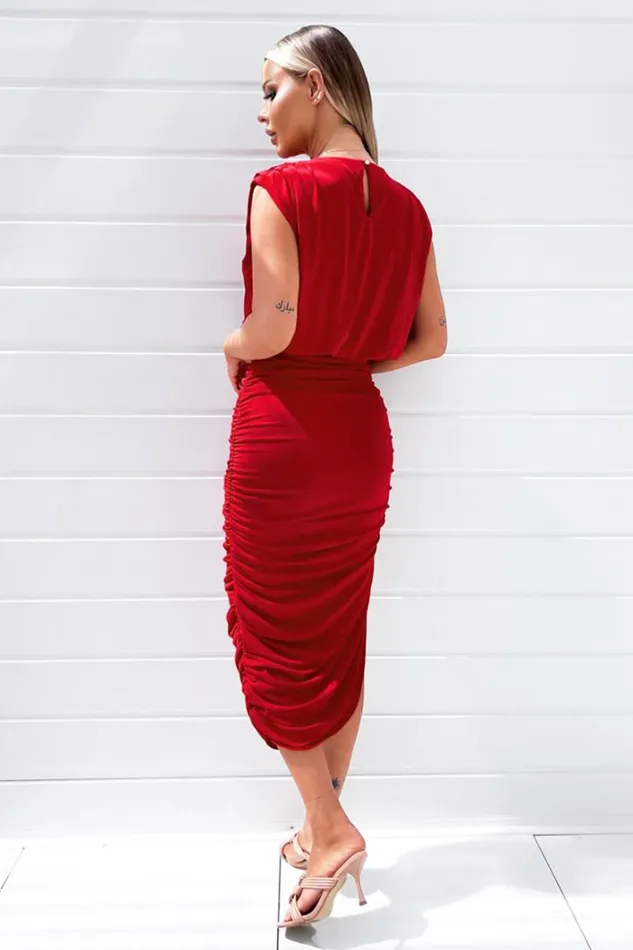 AX Paris Red Pleated Shoulder Sleeveless Bodycon Dress Dresses
