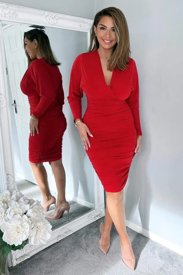 AX Paris Red Ruched Wrap Top Midi Dress Dresses