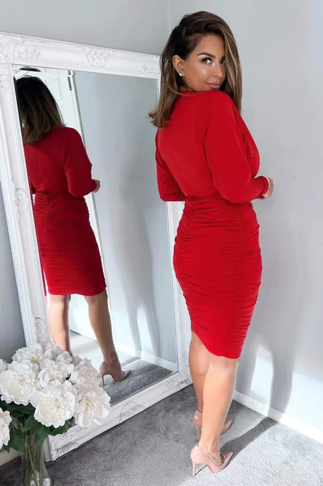 AX Paris Red Ruched Wrap Top Midi Dress Dresses