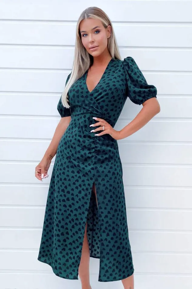 AX Paris Teal Heart Printed Ruched Side Midi Dress Wedding Guest Dresses