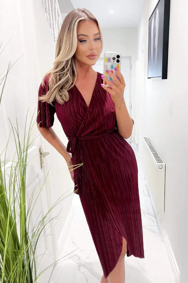AX Paris Wine Wrap Top Belted Short Sleeve Plisse Midi Dress Dresses