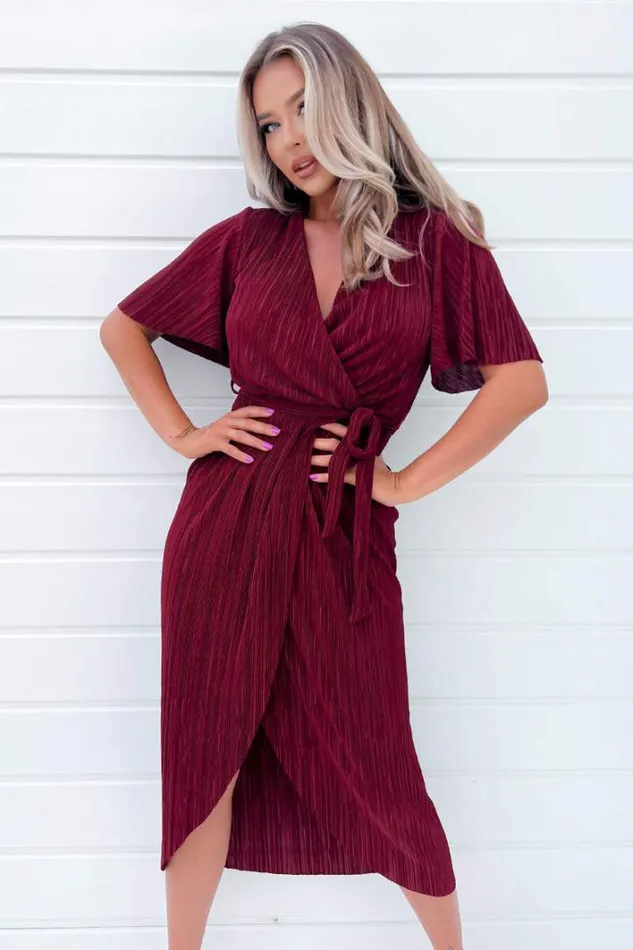AX Paris Wine Wrap Top Belted Short Sleeve Plisse Midi Dress Dresses