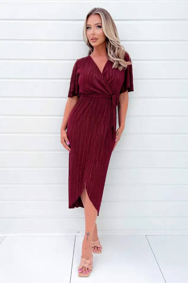 AX Paris Wine Wrap Top Belted Short Sleeve Plisse Midi Dress Dresses