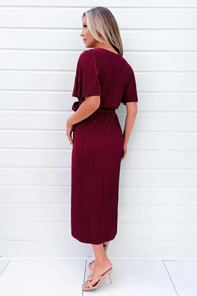 AX Paris Wine Wrap Top Belted Short Sleeve Plisse Midi Dress Dresses