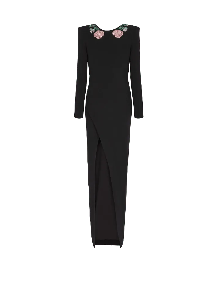 Balmain Dresses Women Long Backless Dress With Roses Embroidery Black