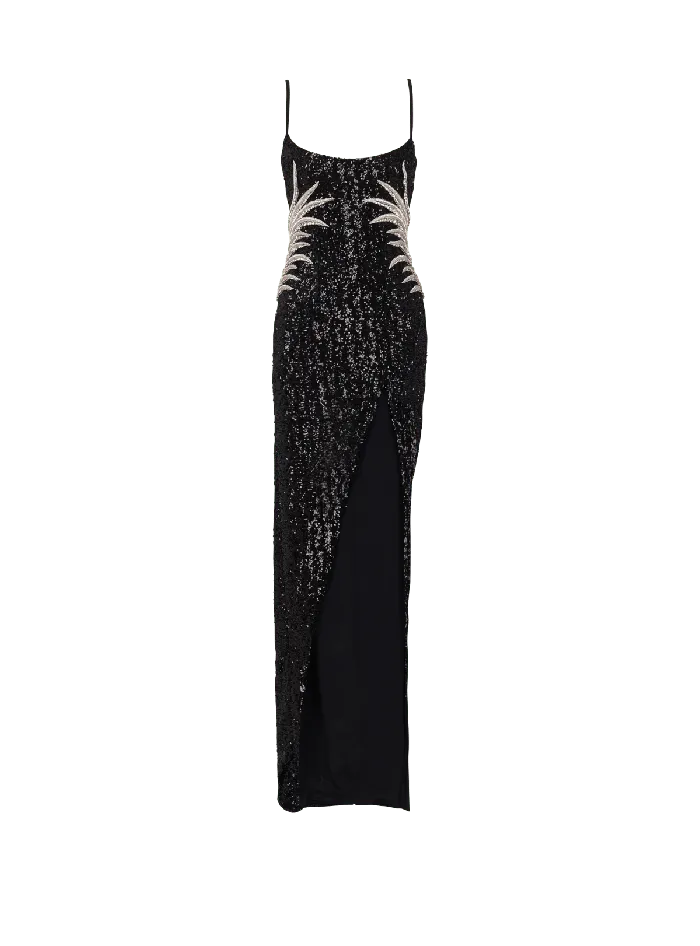 Balmain Dresses Women Long Sequin Palm Tree Dress Black