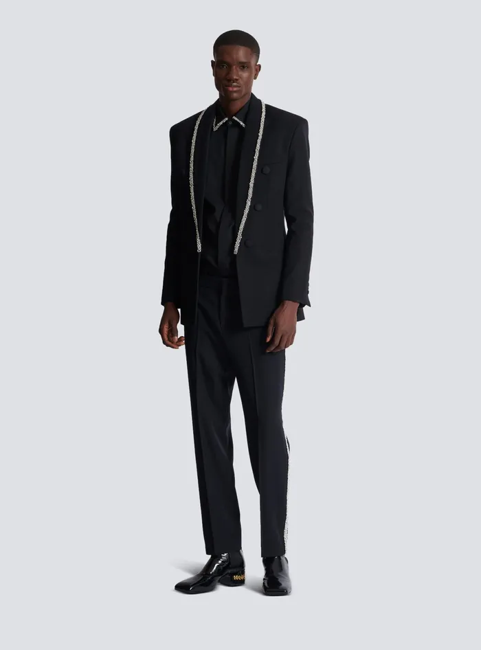Balmain Jackets And Blazers Men Grain De Poudre Jacket With Embroidered Collar Black