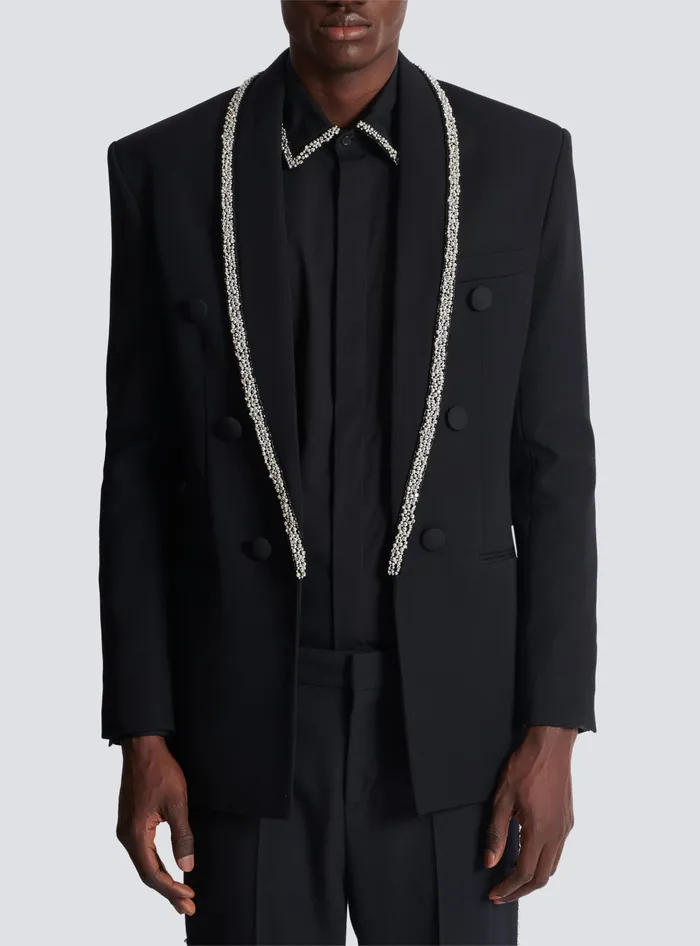 Balmain Jackets And Blazers Men Grain De Poudre Jacket With Embroidered Collar Black