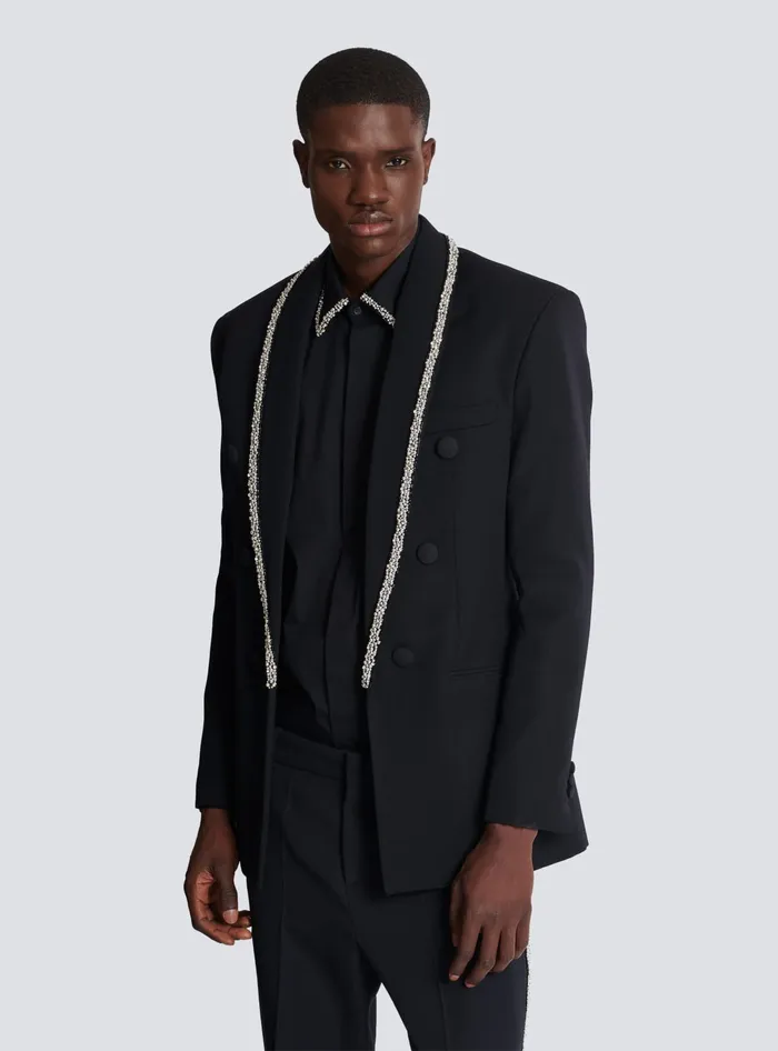 Balmain Jackets And Blazers Men Grain De Poudre Jacket With Embroidered Collar Black