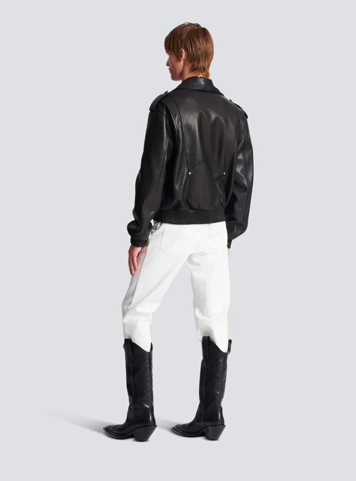 Balmain Outerwear Men Leather Bomber Jacket Black Balmain Outerwear Men Leather Bomber Jacket Black