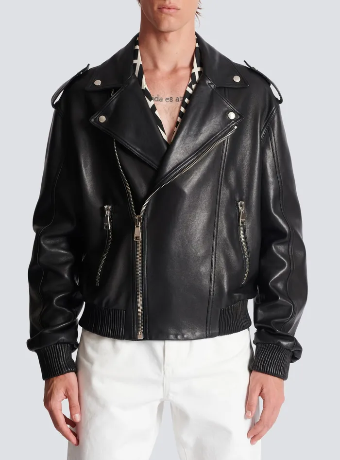 Balmain Outerwear Men Leather Bomber Jacket Black Balmain Outerwear Men Leather Bomber Jacket Black