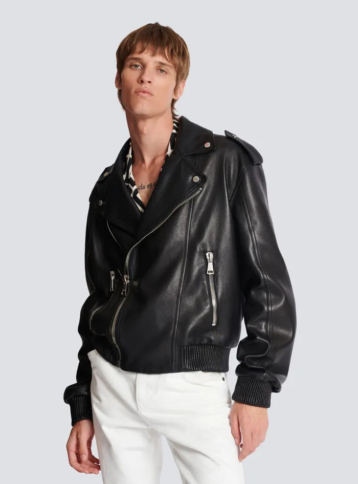 Balmain Outerwear Men Leather Bomber Jacket Black Balmain Outerwear Men Leather Bomber Jacket Black