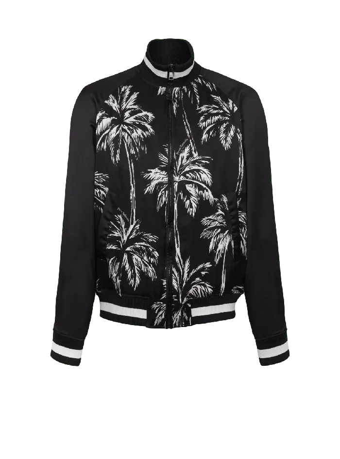 Balmain Outerwear Men Printed Satin Palm Tree Bomber Jacket Black