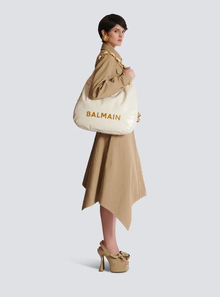 Balmain Shoulder Bags Women 1945 Soft Hobo Bag In Embossed Crinkled Calfskin With A PB Labyrinth Monogram White