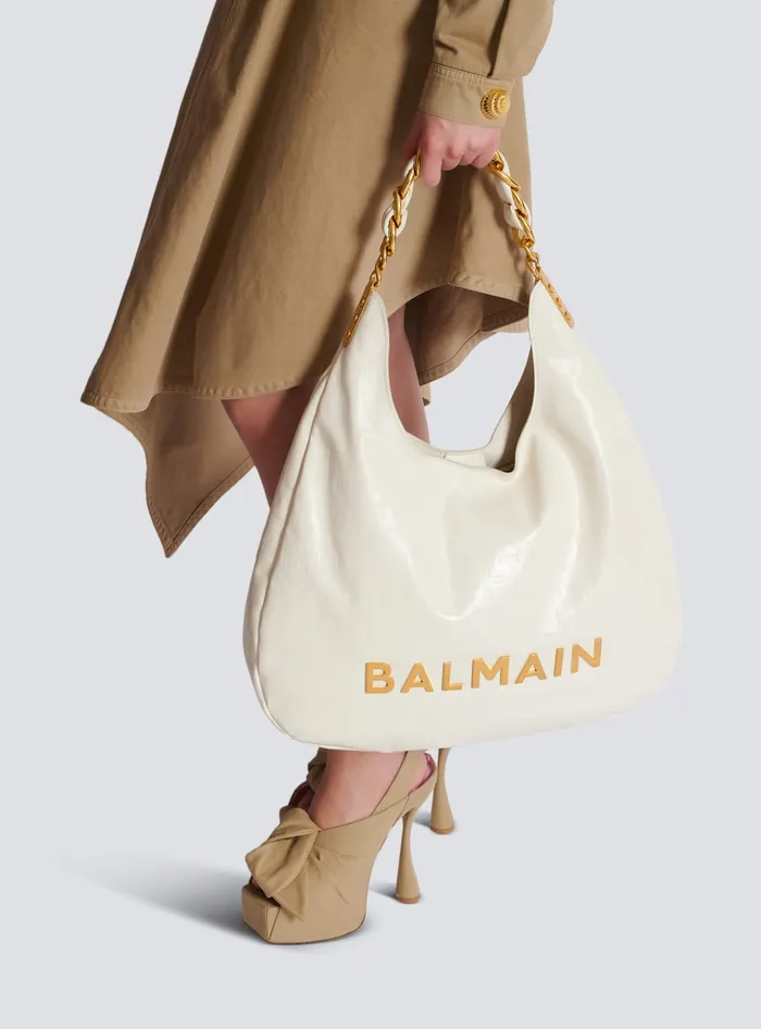 Balmain Shoulder Bags Women 1945 Soft Hobo Bag In Embossed Crinkled Calfskin With A PB Labyrinth Monogram White