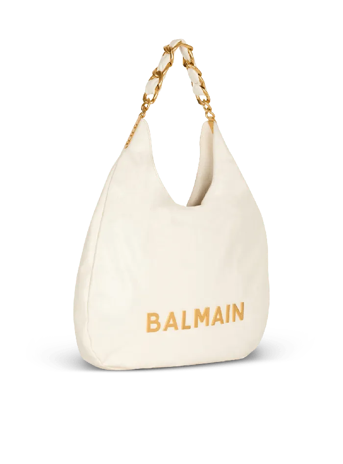 Balmain Shoulder Bags Women 1945 Soft Hobo Bag In Embossed Crinkled Calfskin With A PB Labyrinth Monogram White