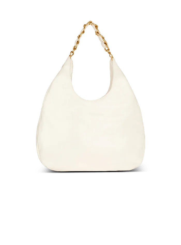 Balmain Shoulder Bags Women 1945 Soft Hobo Bag In Embossed Crinkled Calfskin With A PB Labyrinth Monogram White