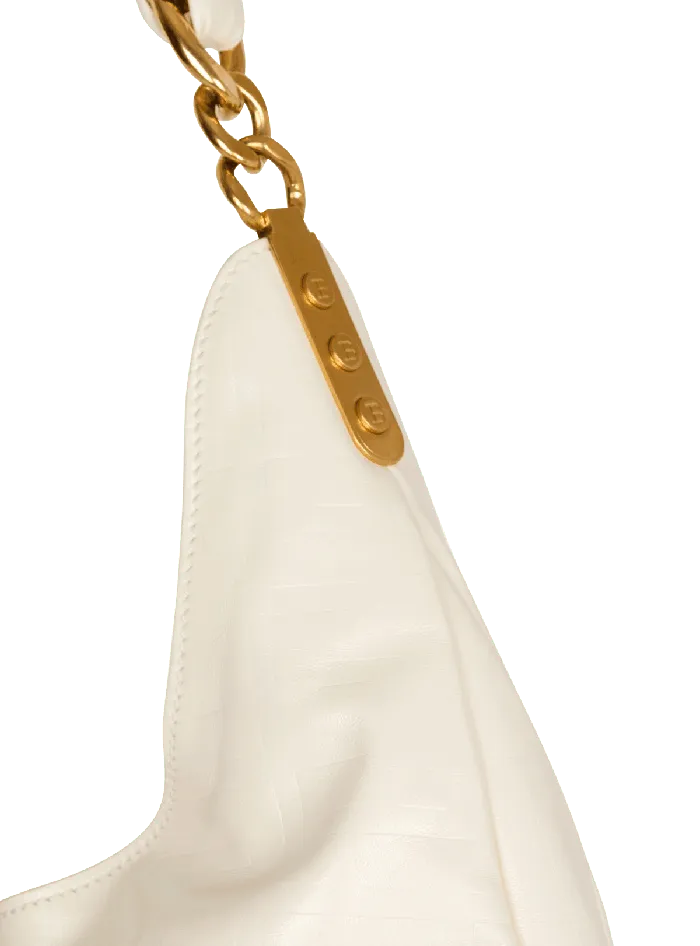 Balmain Shoulder Bags Women 1945 Soft Hobo Bag In Embossed Crinkled Calfskin With A PB Labyrinth Monogram White
