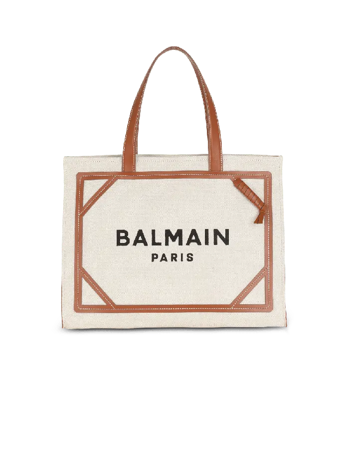 Balmain Shoulder Bags Women BArmy 42 Canvas Tote Bag With Leather Details Beige Balmain Shoulder Bags Women BArmy 42 Canvas Tote Bag With Leather Details Beige