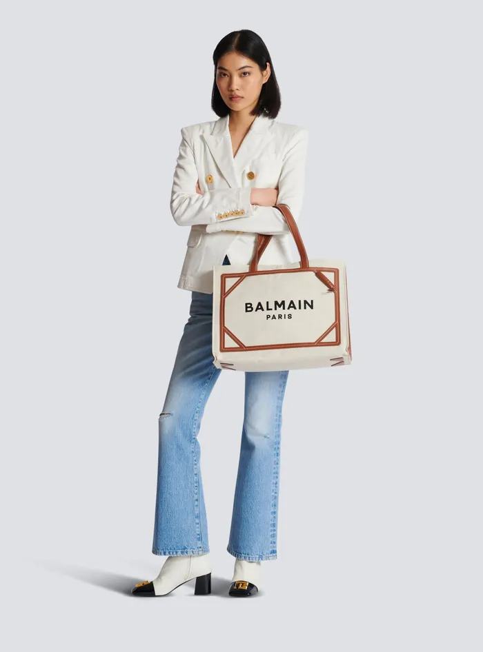 Balmain Shoulder Bags Women BArmy 42 Canvas Tote Bag With Leather Details Beige