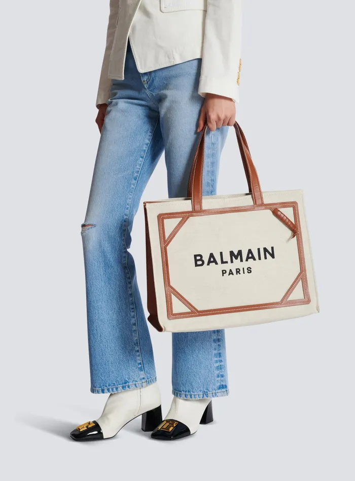 Balmain Shoulder Bags Women BArmy 42 Canvas Tote Bag With Leather Details Beige