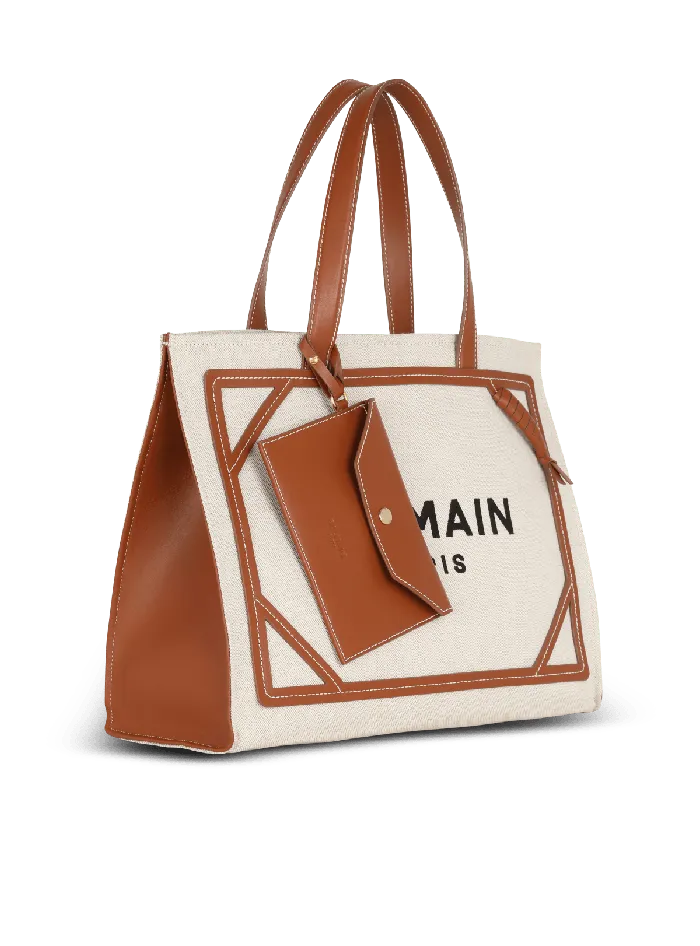 Balmain Shoulder Bags Women BArmy 42 Canvas Tote Bag With Leather Details Beige