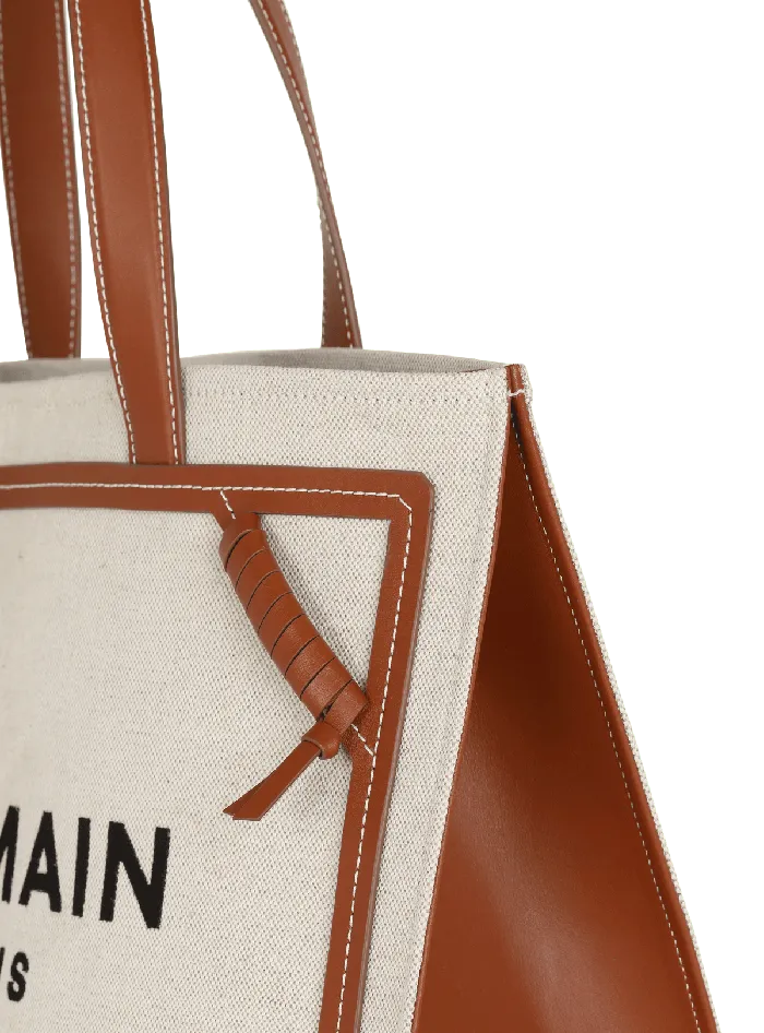 Balmain Shoulder Bags Women BArmy 42 Canvas Tote Bag With Leather Details Beige