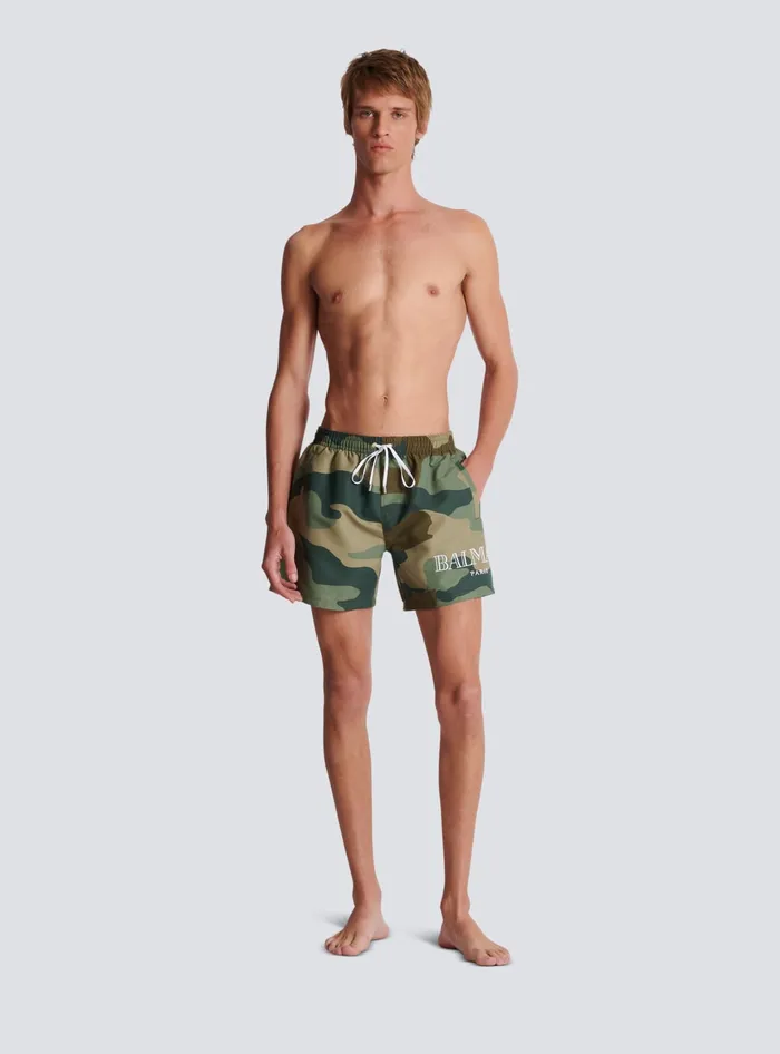 Balmain Swimwear Men Camouflage Swim Shorts Khaki