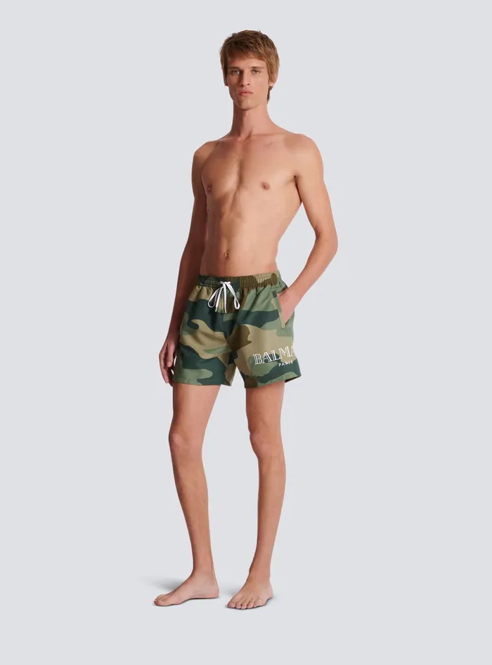 Balmain Swimwear Men Camouflage Swim Shorts Khaki