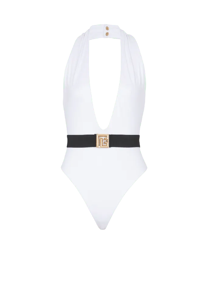 Balmain Swimwear Women Onepiece Swimsuit With PB Belt White