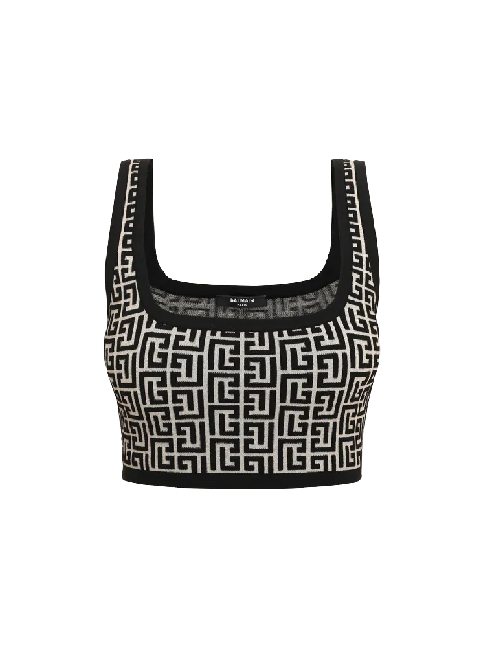 Balmain Tops And Shirts Women Cropped Bicolor Jacquard Sports Bra Top With Monogram Black