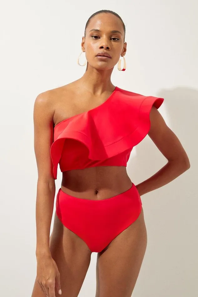 Beachwear Women Karen Millen Drama Ruffle One Shoulder Bikini Top Red