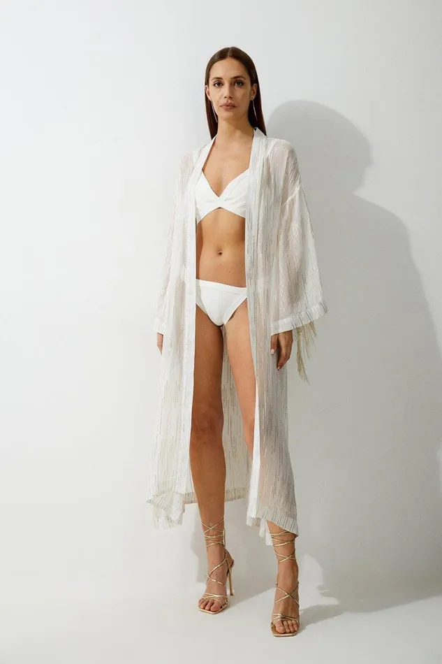 Beachwear Women Karen Millen Fringed Metallic Viscose Georgette Woven Kimono Ivory Beachwear Women Karen Millen Fringed Metallic Viscose Georgette Woven Kimono Ivory