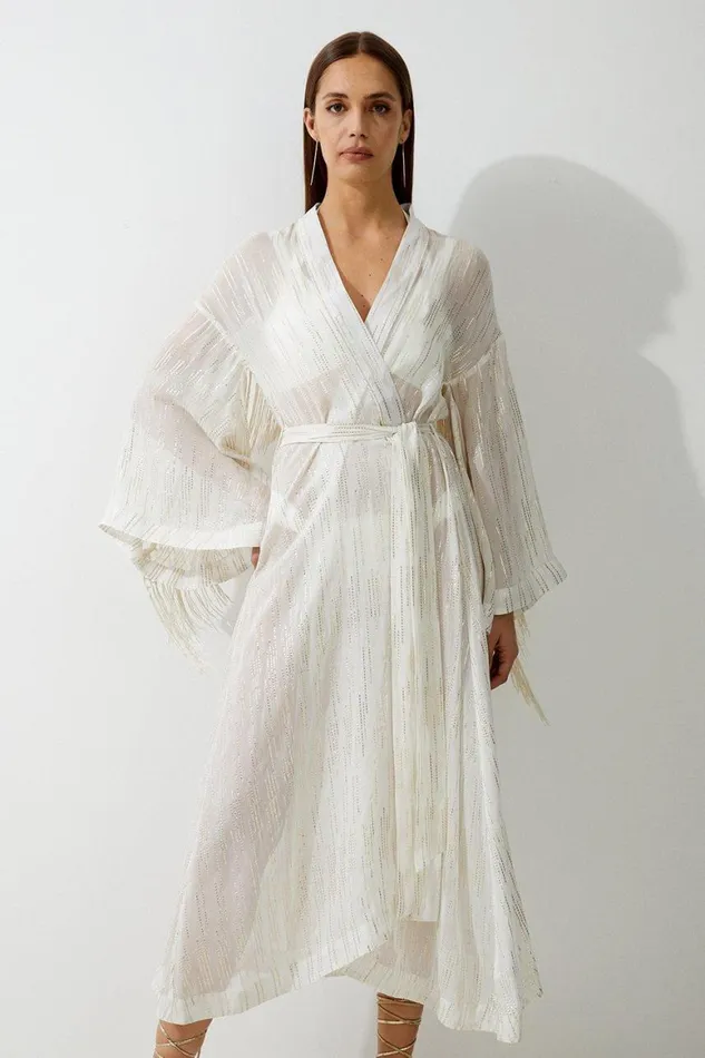 Beachwear Women Karen Millen Fringed Metallic Viscose Georgette Woven Kimono Ivory