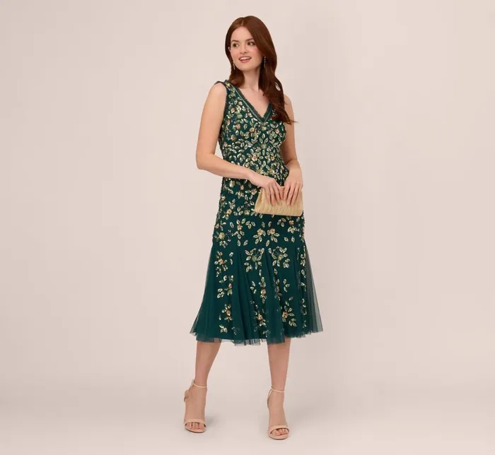 Beaded Dresses Womens Adrianna Papell Floral Beaded Midi Dress With Godet Skirt In Gem Green