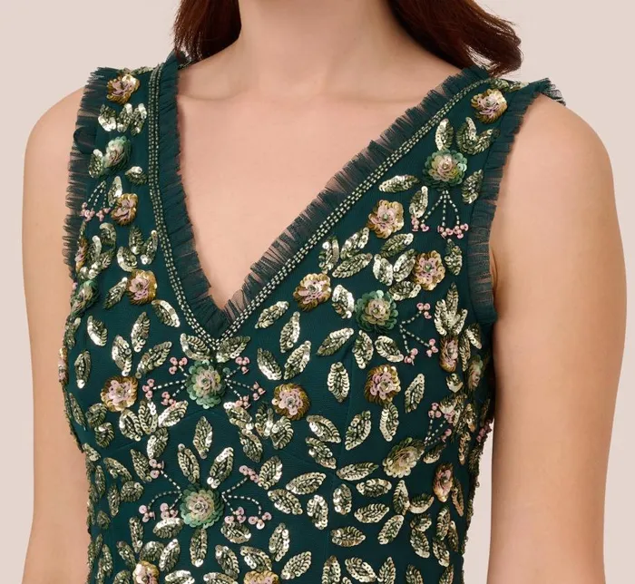 Beaded Dresses Womens Adrianna Papell Floral Beaded Midi Dress With Godet Skirt In Gem Green