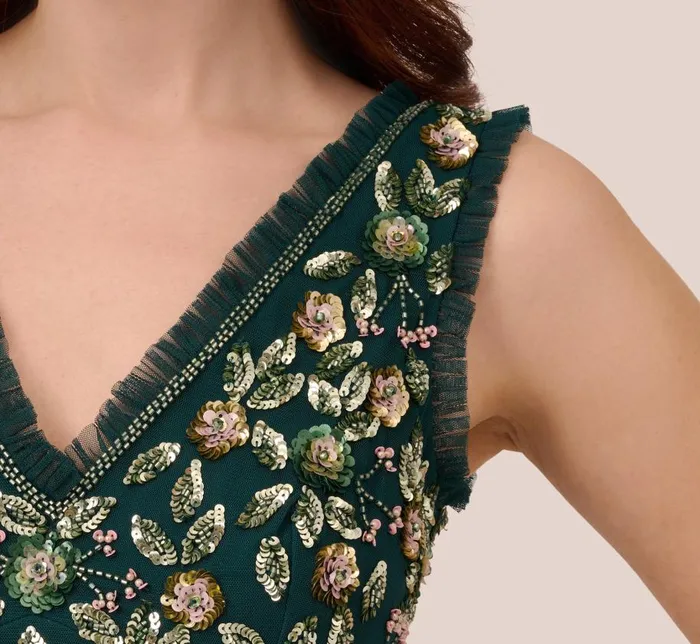 Beaded Dresses Womens Adrianna Papell Floral Beaded Midi Dress With Godet Skirt In Gem Green
