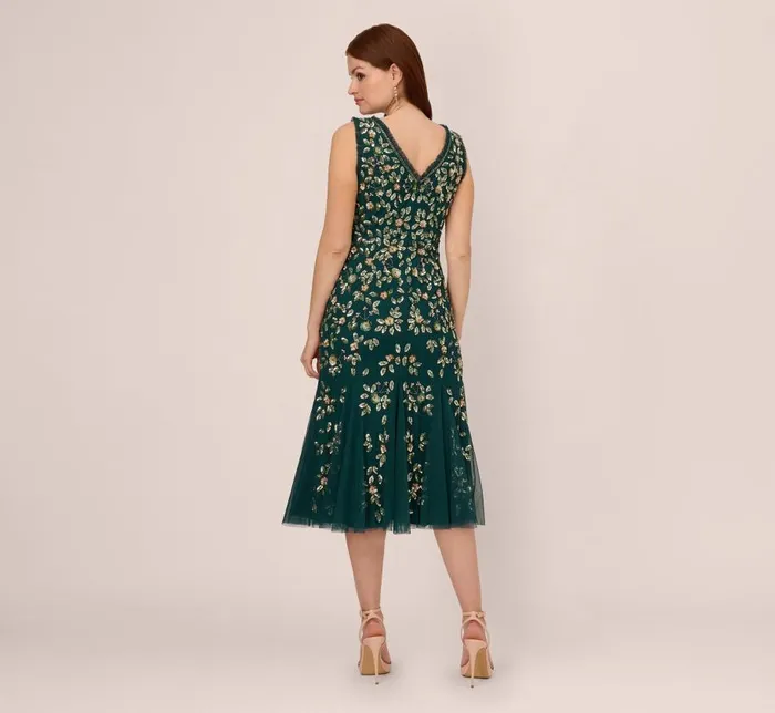 Beaded Dresses Womens Adrianna Papell Floral Beaded Midi Dress With Godet Skirt In Gem Green