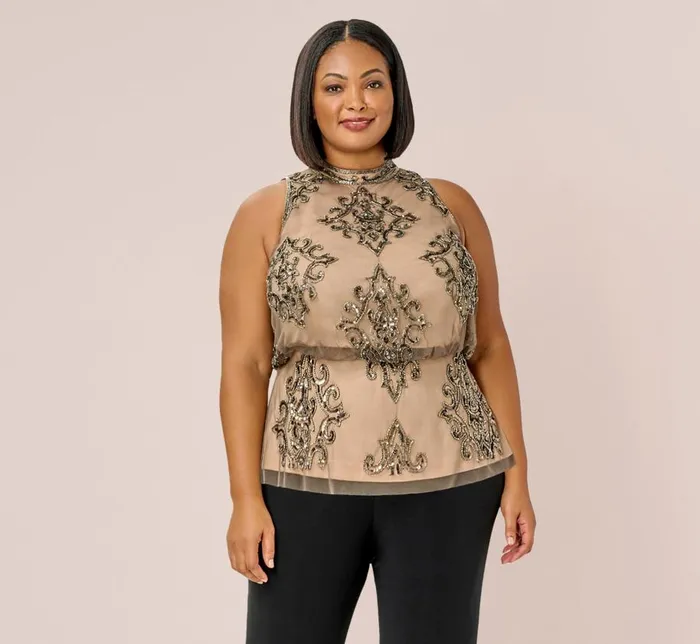 Beaded Dresses Womens Adrianna Papell Plus Size HandBeaded Blouson Halter Top In Lead Nude
