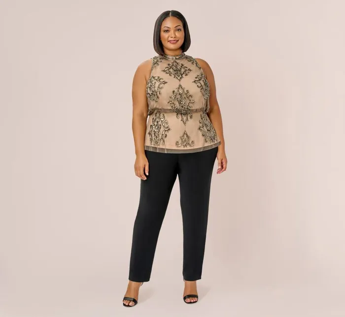 Beaded Dresses Womens Adrianna Papell Plus Size HandBeaded Blouson Halter Top In Lead Nude