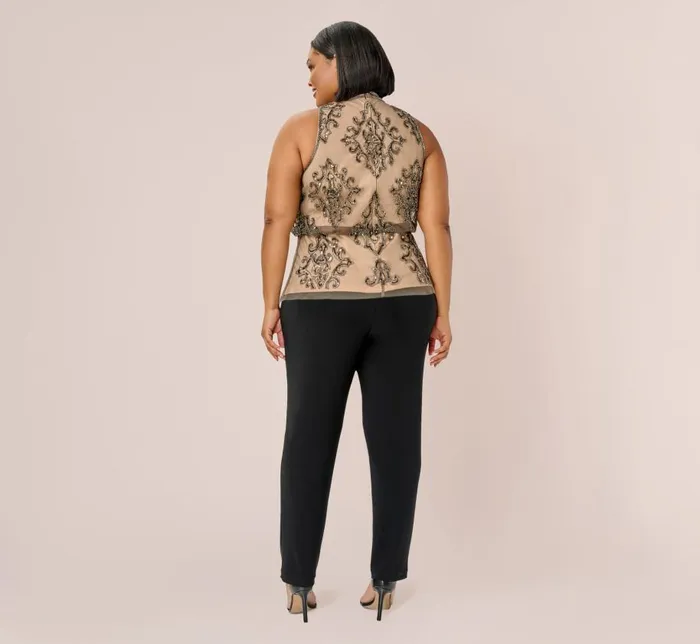 Beaded Dresses Womens Adrianna Papell Plus Size HandBeaded Blouson Halter Top In Lead Nude