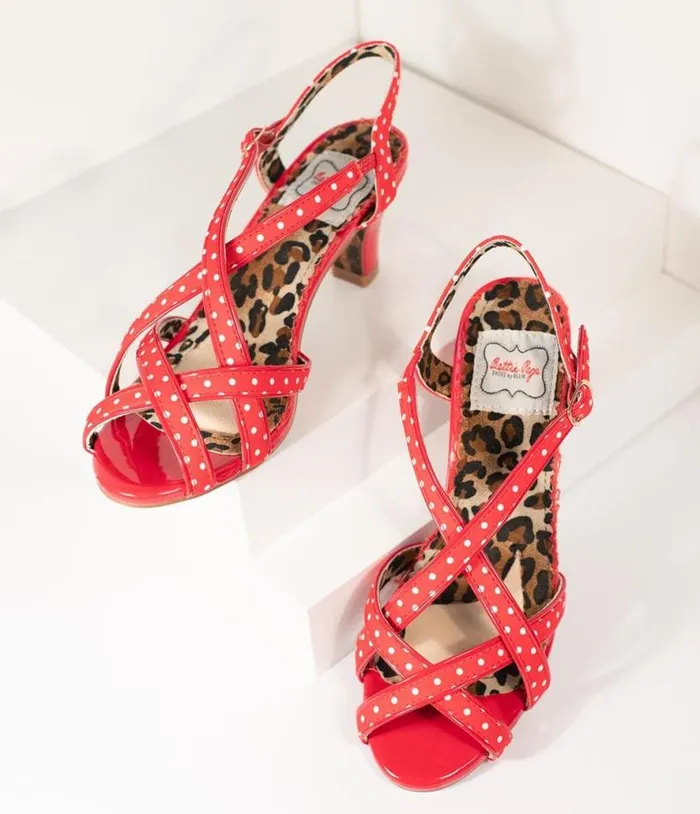 Bettie Page Retro Red and White Polka Dot Peep Toe Gracie Heels Shoes Unique Vintage Heels