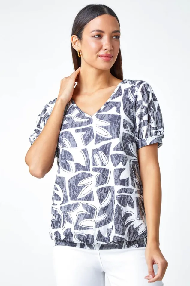 Black Abstract Burnout VNeck Blouson Stretch Top Women Roman Tops