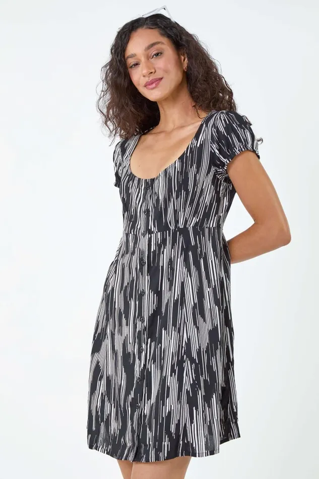 Black Abstract Print Button Through Dress Women Roman Dresses