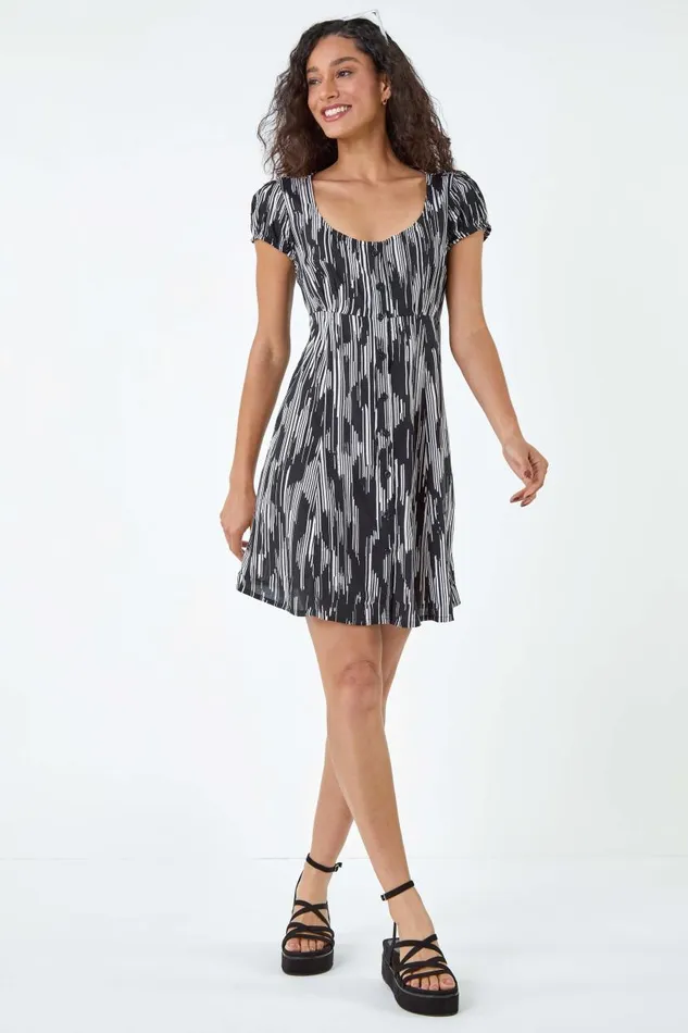 Black Abstract Print Button Through Dress Women Roman Dresses